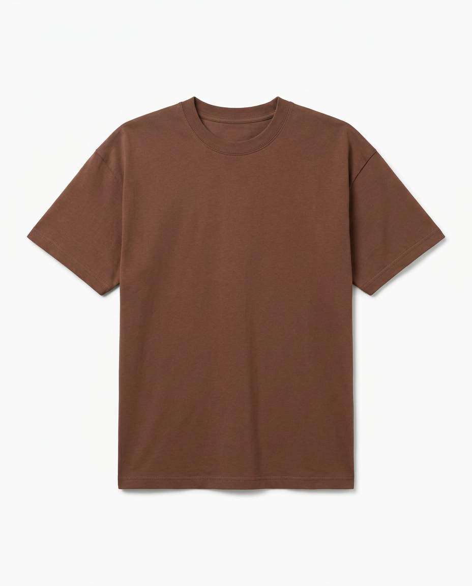 Flat lay packshot of a t-shirt photographed top-down on a white background