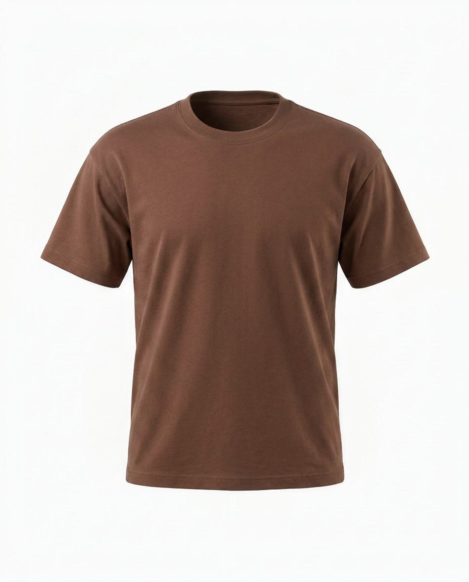 Ghost mannequin packshot of a t-shirt holding a three-dimensional body shape on a white background with the mannequin removed