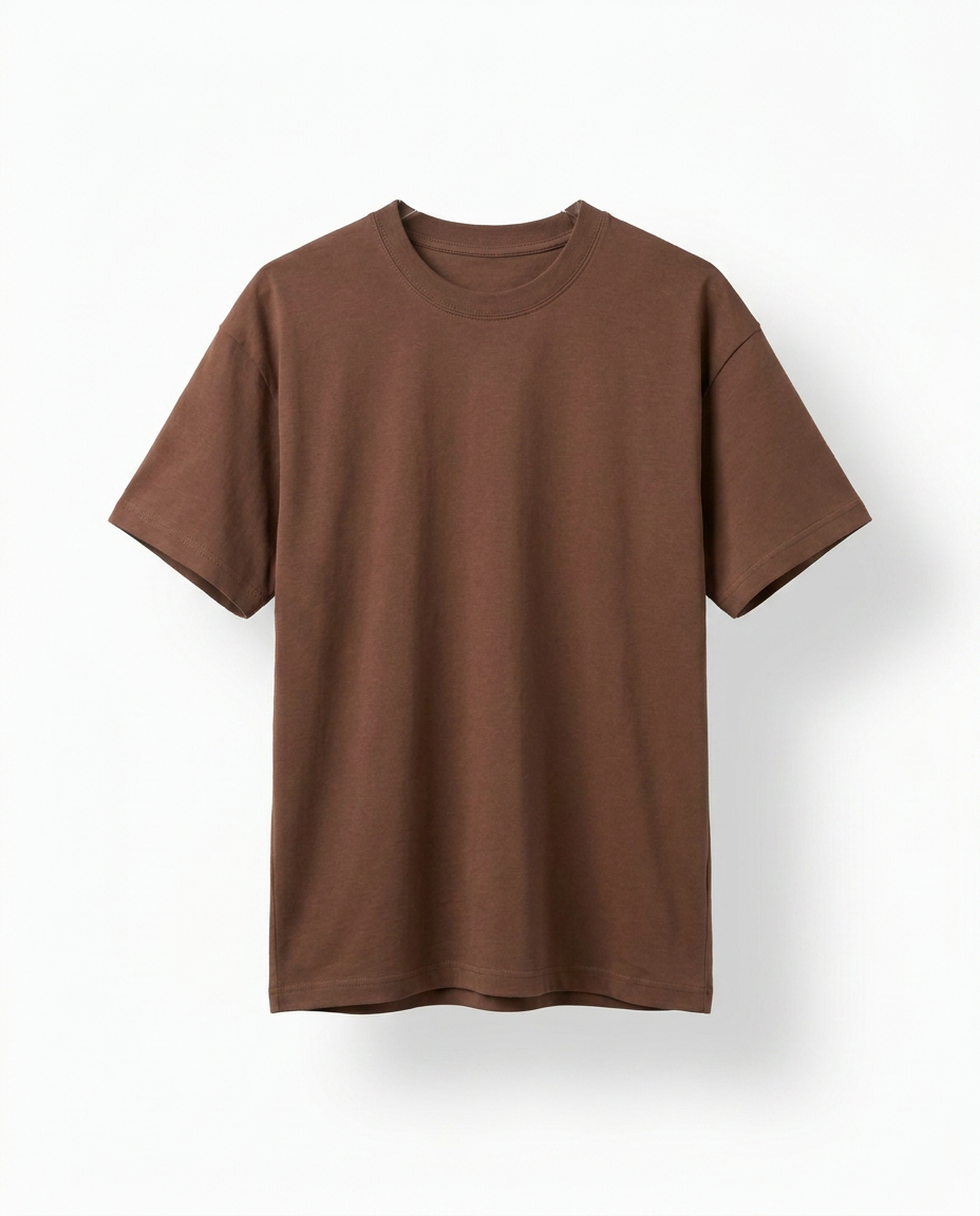Invisible hanger packshot of a t-shirt hanging on a white background with the hanger removed