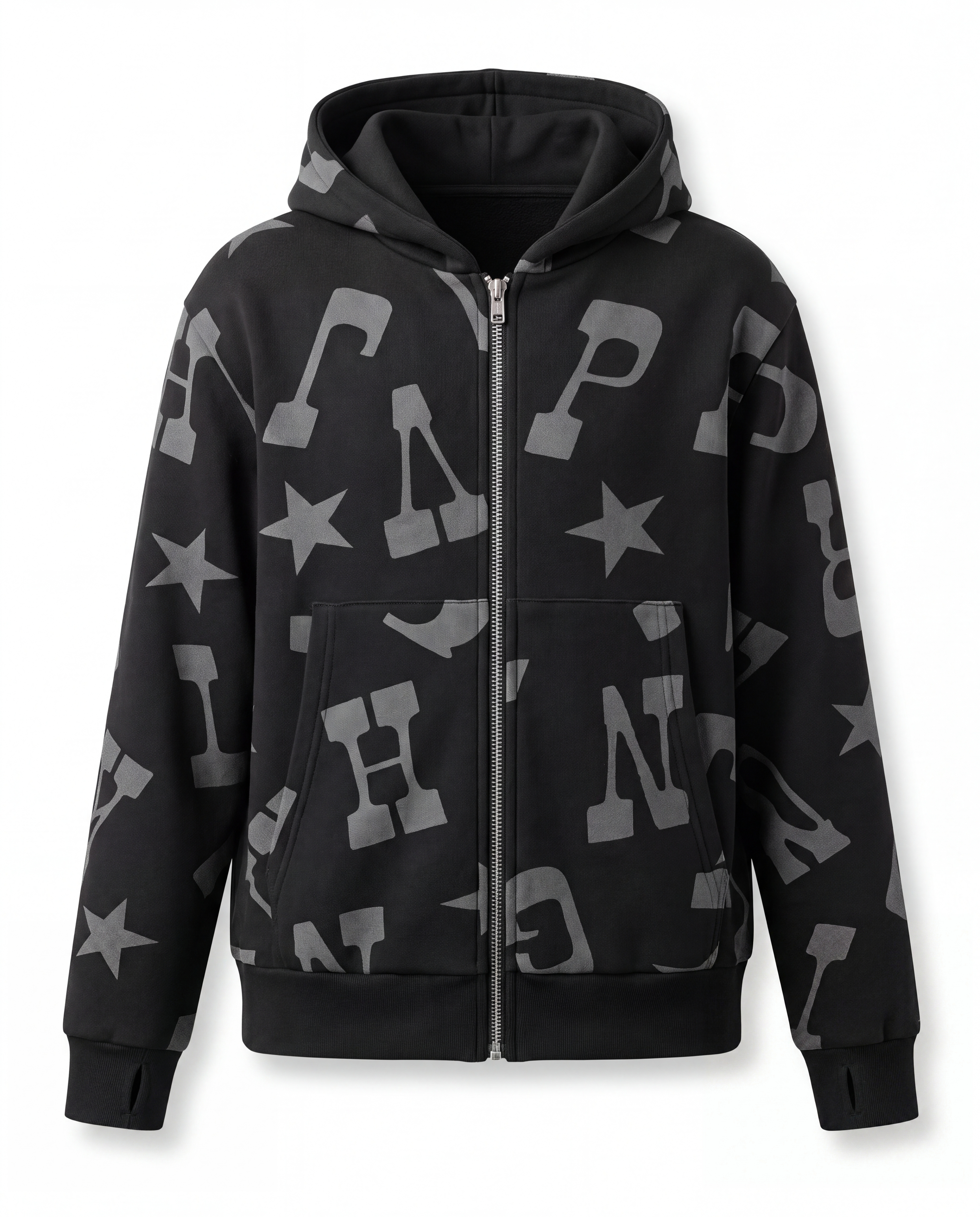 AI invisible hanger packshot of a black printed zip-up hoodie, front view