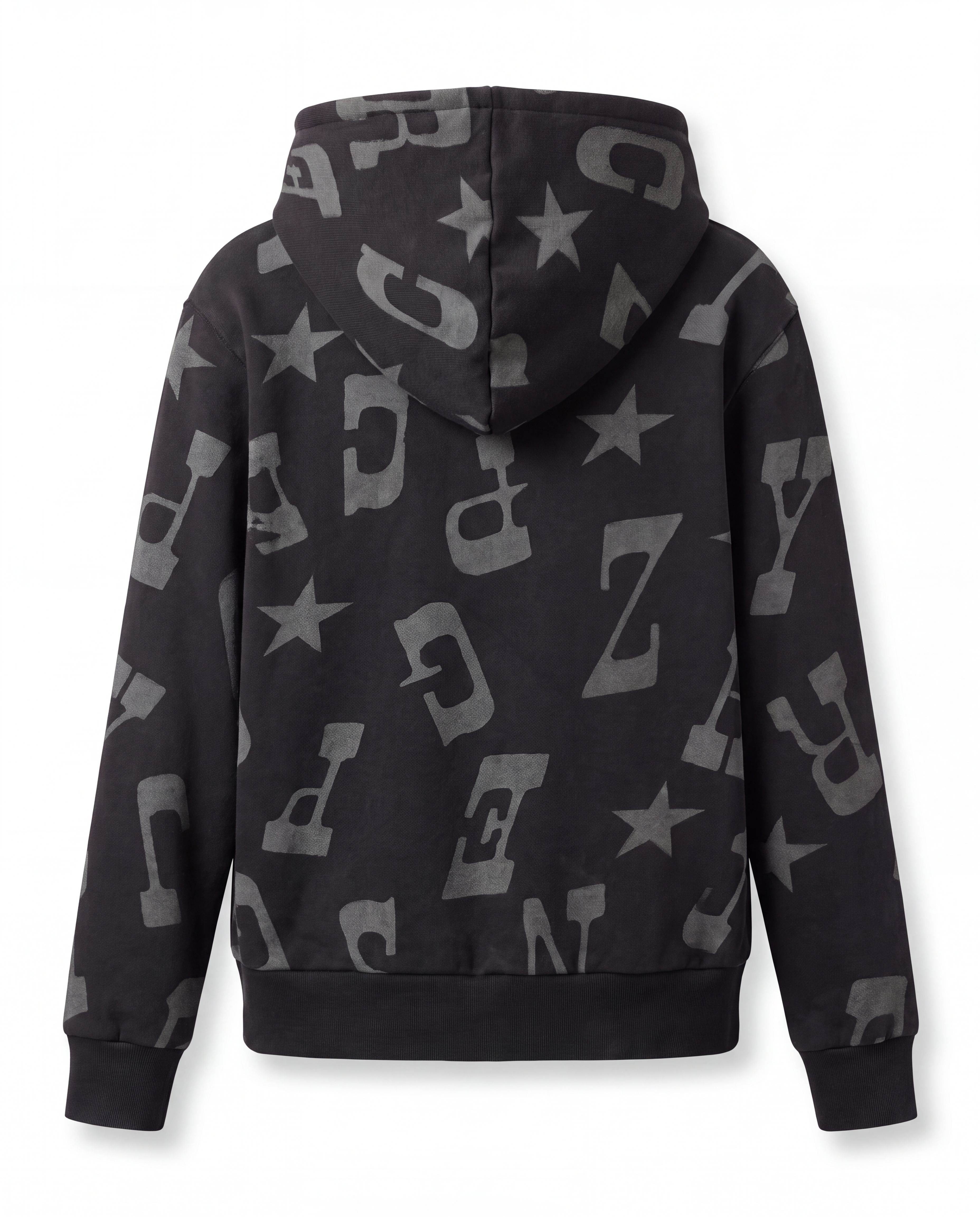 AI invisible hanger packshot of a black printed zip-up hoodie, back view
